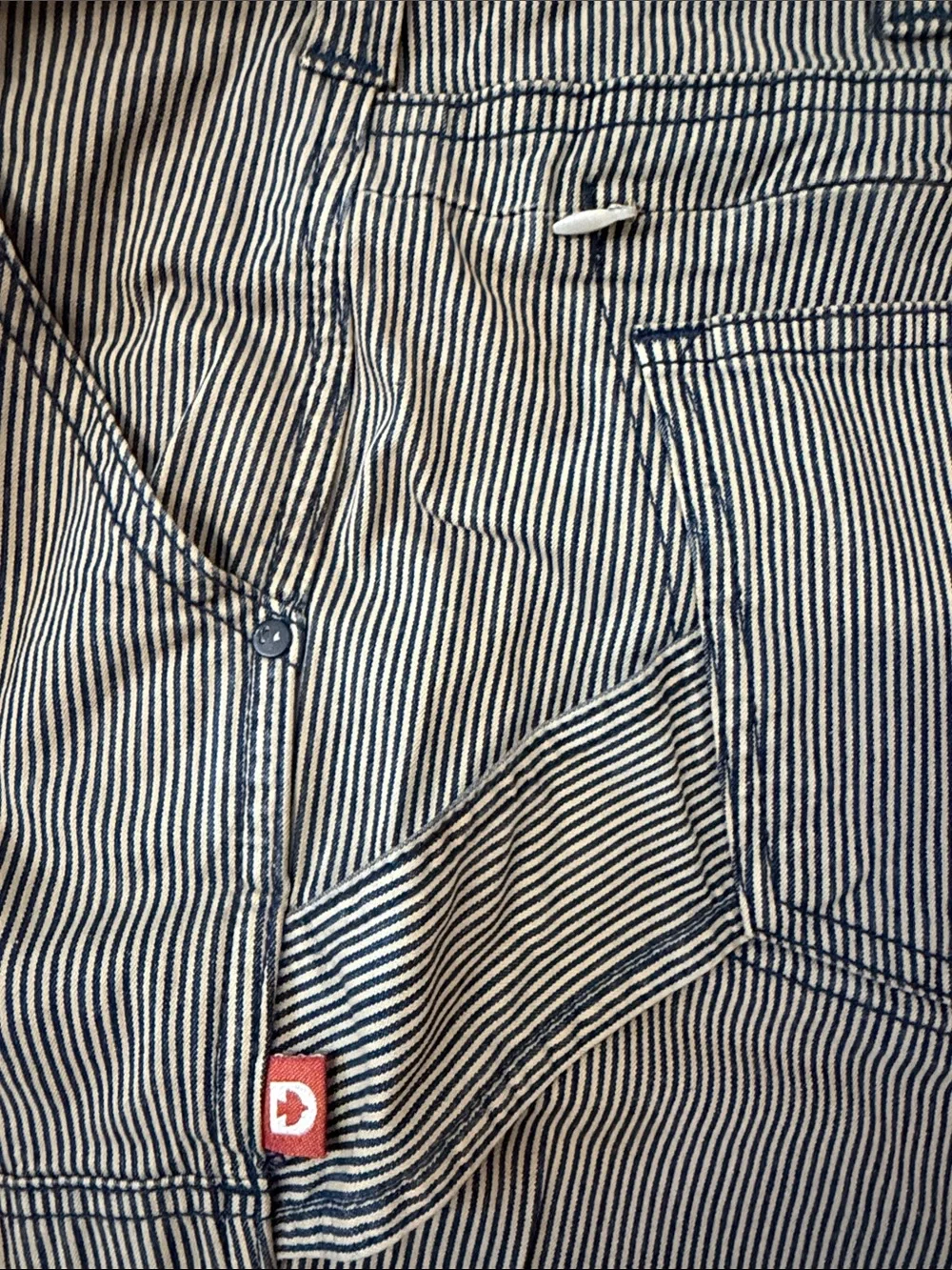 Dovetail Women’s Straight Fit Work Jeans in black and tan Pinstripe